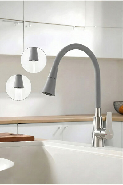 360 Derece Premium Çok Fonksiyonlu Mutfak İçin Tasarruflu Oynar Başlıklı Musluk Başlığı Gri