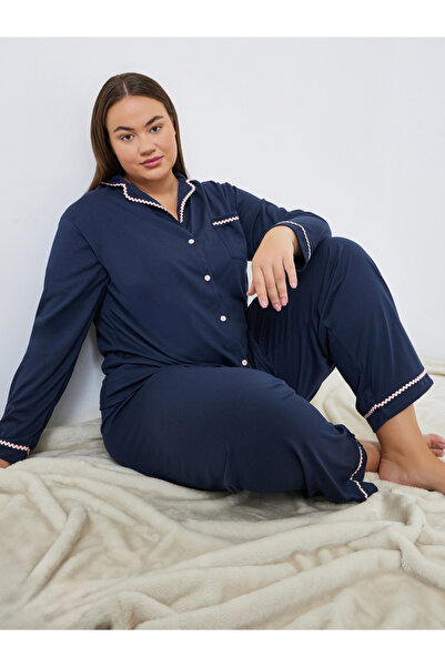 Styli Plus Size Rick Rack Trim Shirt and Pyjama Set