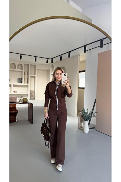 Sezgi Tekin Biye Detail Fleece-Lined Brown Set