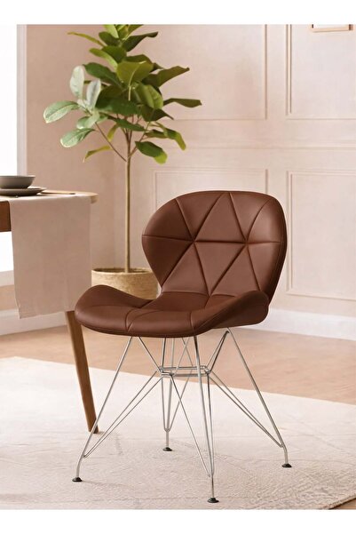 Taimi كرسي مريح منجد بالجلد مع أرجل معدنية لغرفة المعيشة وغرفة الطعام - بني