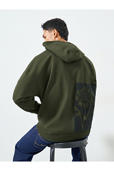 Styli Men Olive Floral Print Fleece Hoodie