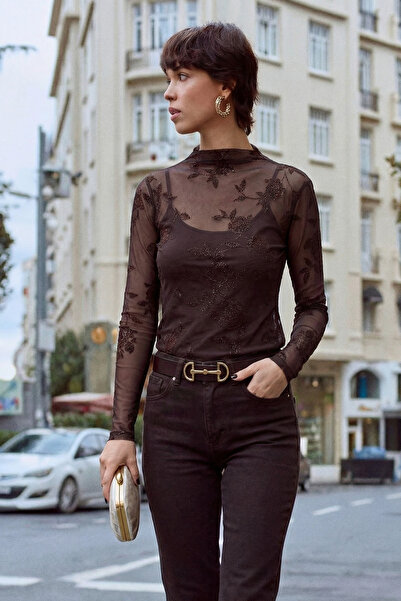 Qaju Velvet Detail Tulle Blouse - Brown