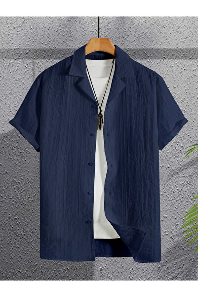 Take Two By Styli قميص رجالي أزرق داكن بأكمام قصيرة منقوش