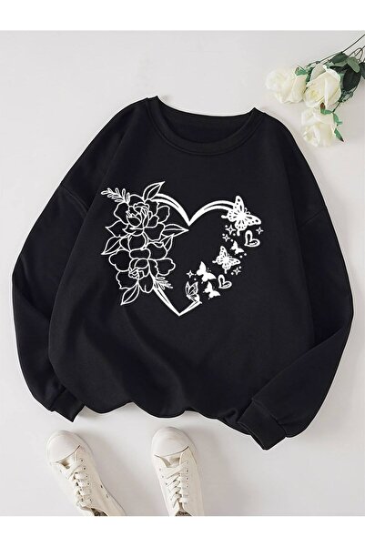 Kids Детска зимна блуза за момичета с принт на цветя и пеперуди, черна