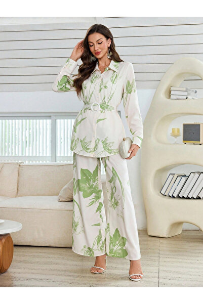 Take Two By Styli Women Floral Printed Belted Shirt and Pants Co-Ords