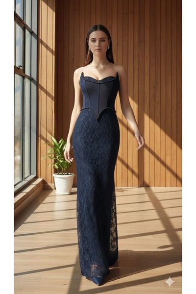 DWT İNCE ASKILI TAŞ İŞLEMELİ SİVRİ YAKA KORSE GÖRÜNÜMLÜ DANTEL ABİYE ELBİSE