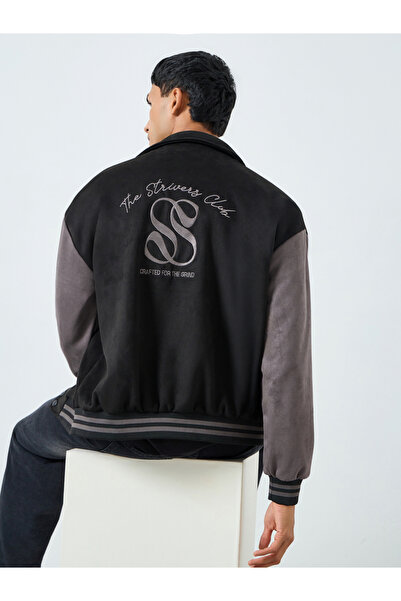 Styli Men Black Relaxed Graphic Varsity Jacket
