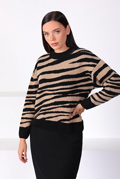 Ferraro Black Camel Zebra Patterned 100% Cashmere Women's Knitwear Sweater