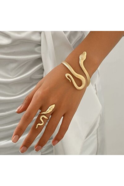 OEM Set Boho „Spiritul Șarpelui” – Brățară și Inel Reglabil Placate cu Aur 14K