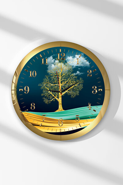 Zevahir Mobilya Dekorasyon Gold Framed Time Tree Themed Round Mdf Wall Clock