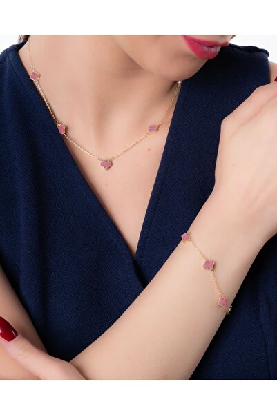 YCL JEWELLERY 14 Ayar Altın 5’li Pembe Yonca Bileklik