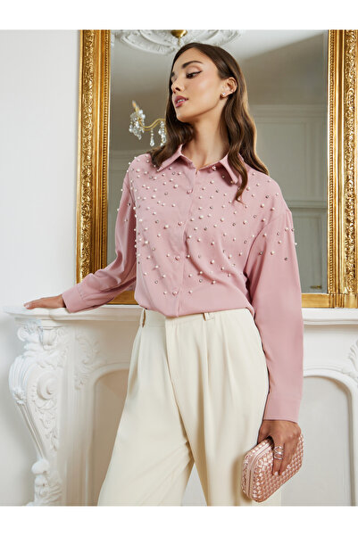 Styli قميص نسائي بأكمام طويلة مزين باللؤلؤ الوردي