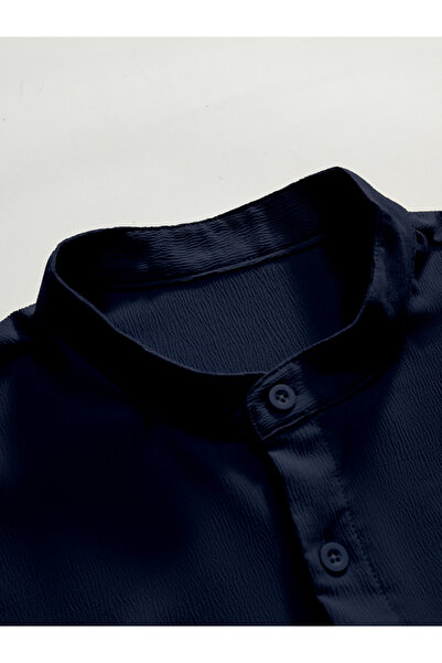 Take Two By Styli قميص أزرق داكن بياقة صينية وأكمام قصيرة