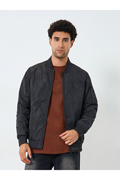 Styli Men Black Oversized Fit Bomber Jacket