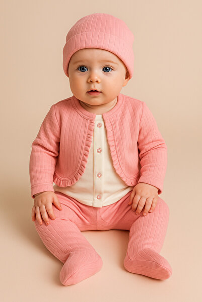 Bebelul Set Fetite 3 Piese Roz, Bluza cu Bolero Cusut, Pantaloni si Caciulita...