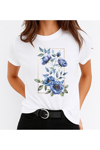 OEM Women's T-shirt 100% Cotton Blue Flowers