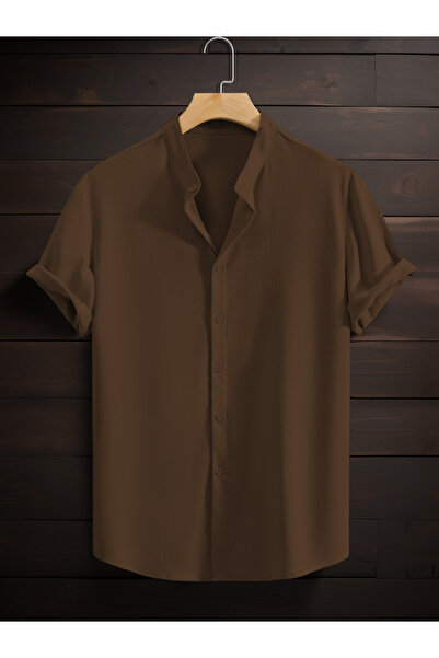 Take Two By Styli Men Brown Mandarin Collar Short Sleeve Shirt