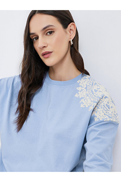 Styli Women Light Blue Placement Flocked Oversized T-Shirt