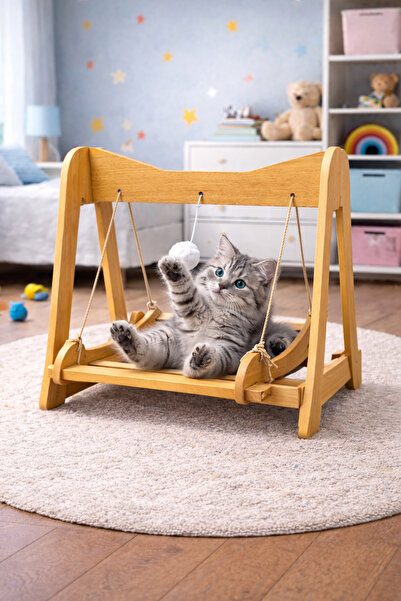 PUREZA Ahşap Kedi Salıncağı & Oyun Platformu – Ponponlu, Doğal Ahşap Oyuncak