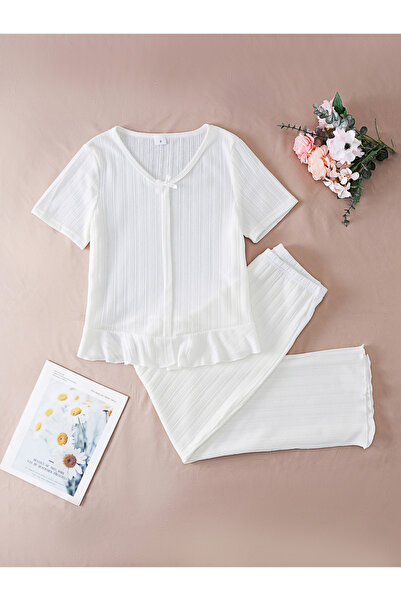 Take Two By Styli Ruffled Hem Textured Top and Pyjama Set