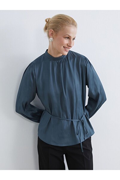 LC Waikiki Mock Neck Waist-Tied Gathered Blouse