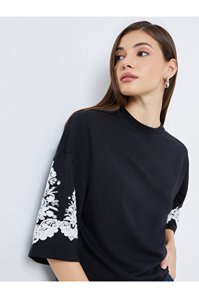 Styli Women Black Embroidered Sleeve Oversized T-Shirt