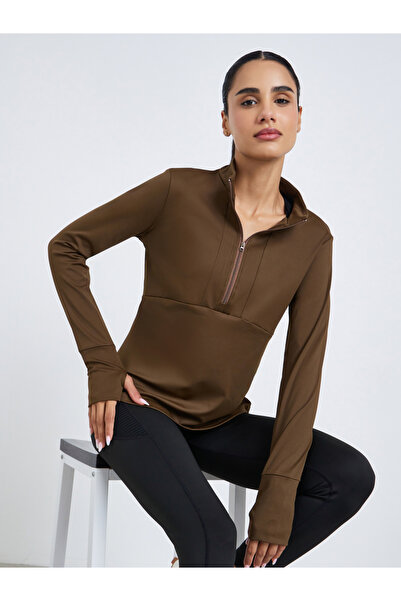 Styli Women Rubber Logo Half Zip Long Sleeve Top