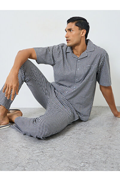 Styli Men Gingham Print Buttoned Shirt and Pyjama Set