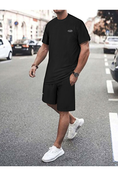 Take Two By Styli Men Solid Textured Short Sleeve T-Shirt and Shorts Co-Ords