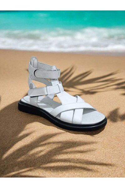 Mammamia D-25-Y-25 Hakiki Deri Çapraz Bantlı Bilekten Bağlamalı Cırtlı Düz Ta...