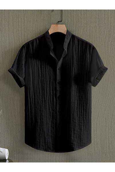 Take Two By Styli قميص رجالي أسود بياقة ماندرين منقوشة