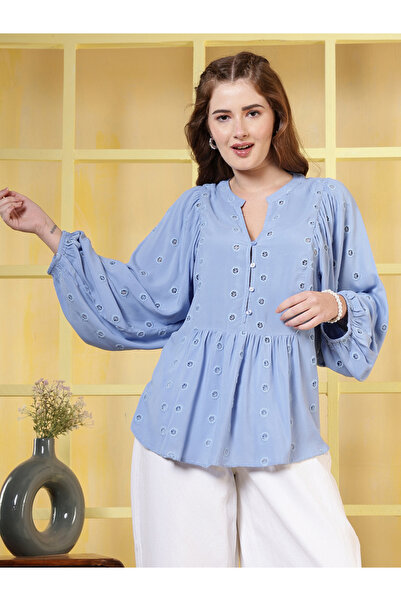 RUE COLLECTION By Styli Women Blue Embroidered Bishop Sleeves Top