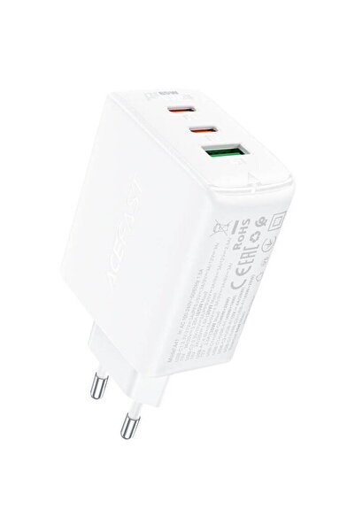 Acefast Încărcător de perete A41, 2x USB-C + USB, GaN 65W Alb