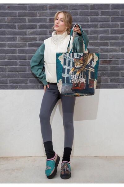 Dogo Γυναικεία Vegan Τσάντα Tote Τυρκουάζ Μεγάλη - Σχέδιο Tram Nap