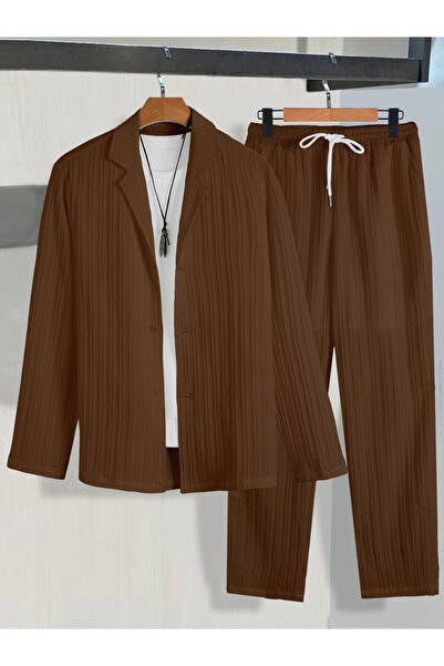 Take Two By Styli Men Brown Textured Blazer and Trousers Co-Ords