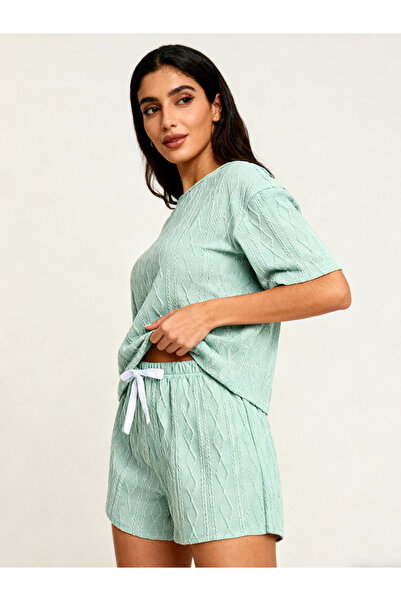 Take Two By Styli Women Green Textured Top and Shorts Pyjama Set