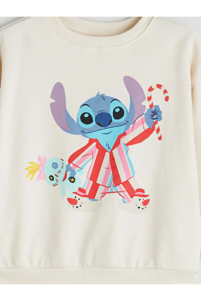 LC Waikiki Hanorac gros pentru fete, bej, cu decolteu rotund și imprimeu cu c...