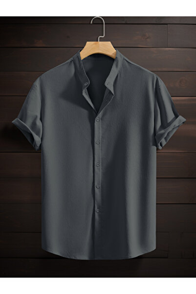 Take Two By Styli Men Grey Mandarin Collar Short Sleeve Shirt