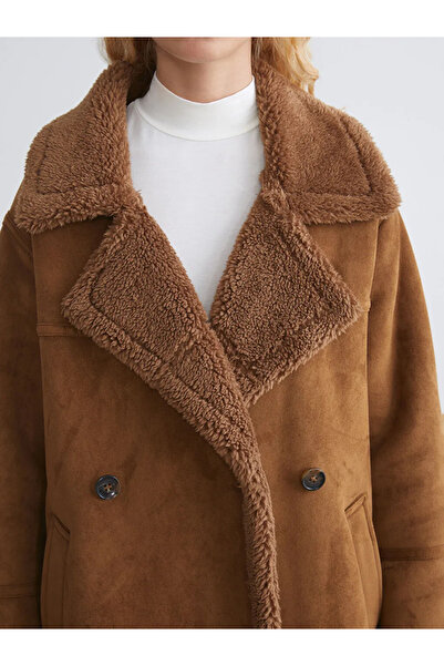 LC Waikiki Brown Fur Collar Women's Suede Coat