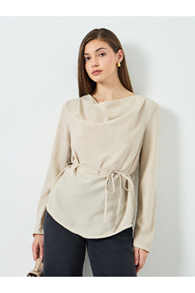 Styli Women Beige Long Sleeve Cowl Neck Blouse