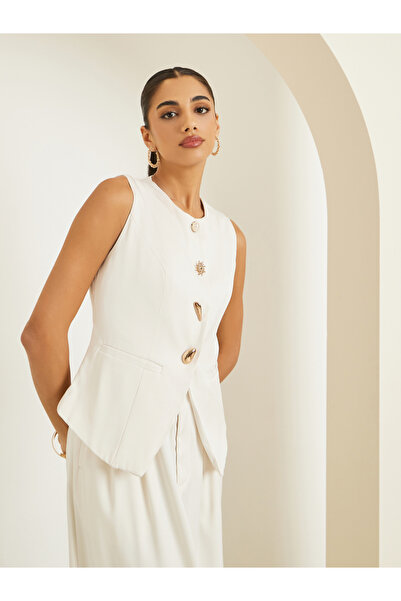 Styli Women Cream Sleeveless Buttoned Waistcoat