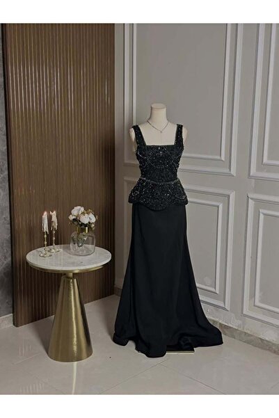 vanus fashion 6608-فستان سهرة اسود بتفصيل كلاسيك