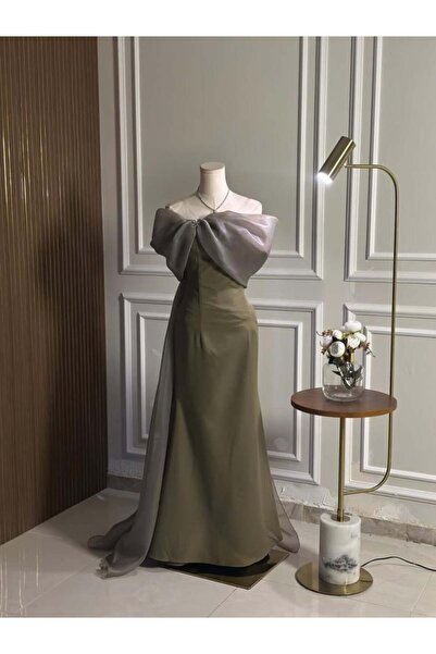 vanus fashion 6751-فستان سهرة راقٍ بلون زيتي مع شيفون رمادي ناعم
