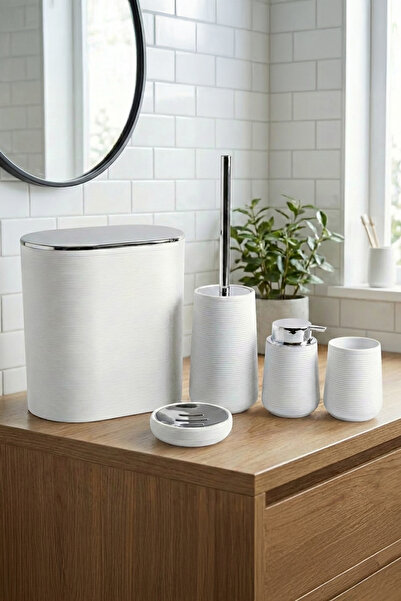 Vadi Modern White Striped Bathroom Accessory Set 5 Pieces