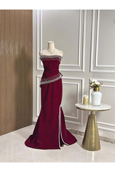 vanus fashion 6756-Velvet Burgundy Dress