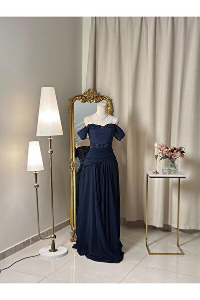 vanus fashion 6389-فستان كحلي أنيق بتطريز فاخر وتصميم أنثوي