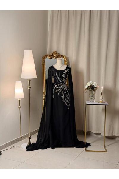 vanus fashion 6398-فستان أسود ملكي مطرّز بشيفون فاخر