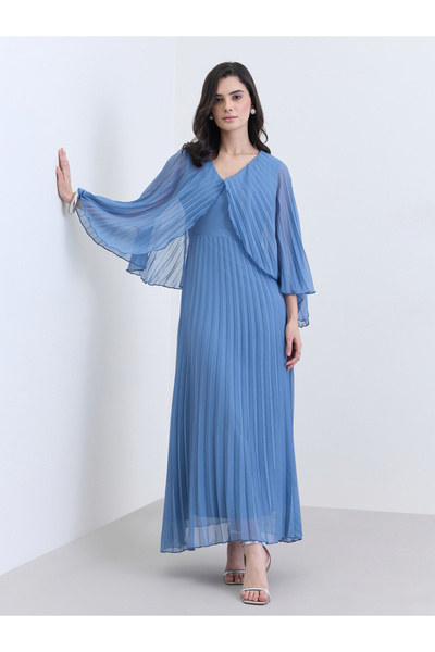 Styli Women Blue Pleated Cape Sleeve Maxi Dress
