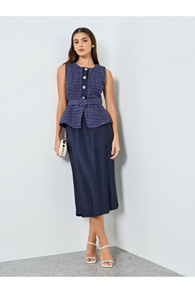 Styli Women Belted Tweed Look Midi Dress
