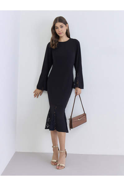Styli Women Black Lace Sleeves Midi Dress